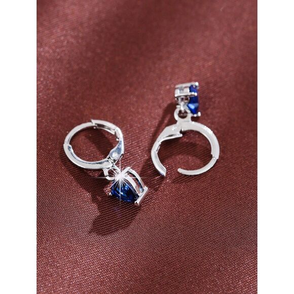 Sapphire Blue Heart Cubic Zirconia Silver Pendant Drop Earrings Dangle Hoop - Picture 3 of 5